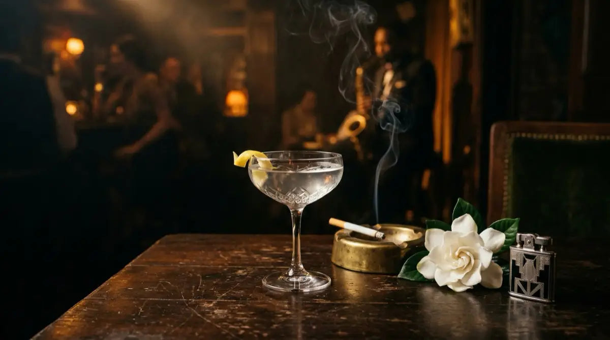 A 1920s speakeasy bar scene with cocktail, cigarette smoke and gardenia