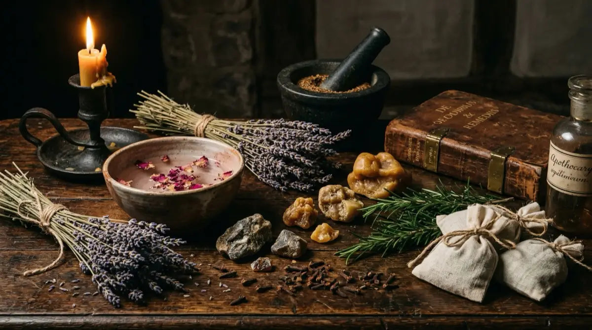 Tudor perfume ingredients on a dark oak table: lavender, rosewater, ambergris, cloves, and muslin sachets